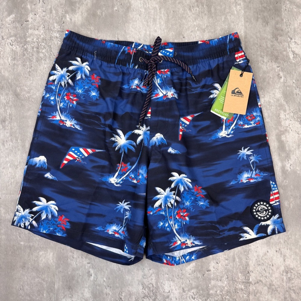 Quiksilver Board Shorts Mens Medium Blue Everyday Striped Trunks Swim Floral NWT